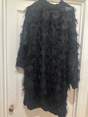 Black Fringe Long Sleeve Women's Dress